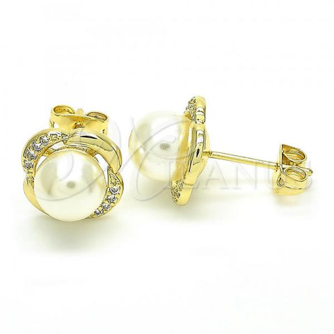 Oro Laminado Stud Earring, Gold Filled Style Ball Design, with Ivory Pearl and White Cubic Zirconia, Polished, Golden Finish, 02.156.0357