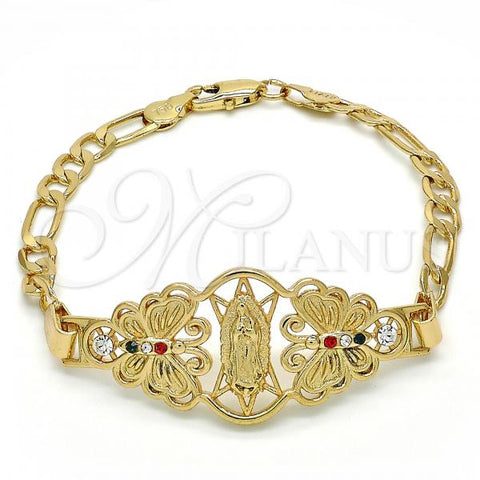 Oro Laminado Fancy Bracelet, Gold Filled Style Guadalupe and Butterfly Design, with Multicolor Crystal, Polished, Golden Finish, 03.253.0027.1.07