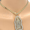 Oro Laminado Religious Pendant, Gold Filled Style Guadalupe Design, with White Cubic Zirconia, Polished, Golden Finish, 05.94.0001