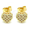 Oro Laminado Stud Earring, Gold Filled Style Heart Design, with Garnet and White Micro Pave, Polished, Golden Finish, 02.156.0493.1