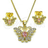 Oro Laminado Earring and Pendant Adult Set, Gold Filled Style Butterfly Design, with Pink Cubic Zirconia and White Micro Pave, Polished, Golden Finish, 10.210.0128.4