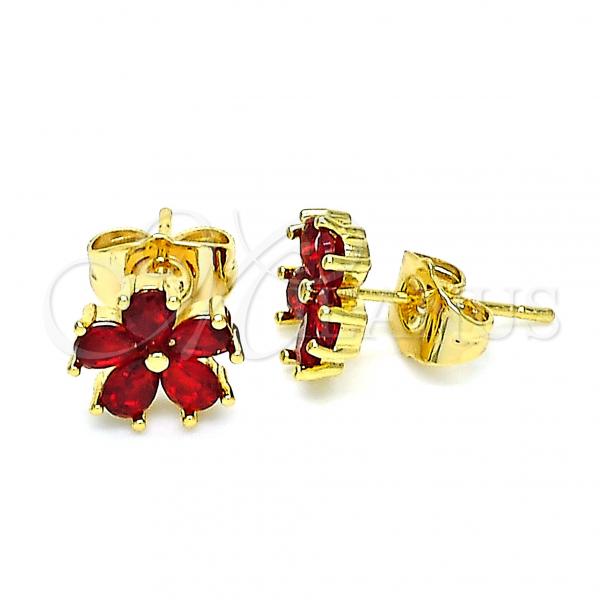 Oro Laminado Stud Earring, Gold Filled Style Flower Design, with Garnet Cubic Zirconia, Polished, Golden Finish, 02.310.0042.1