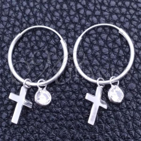 Sterling Silver Small Hoop, Cross Design, with White Cubic Zirconia, Polished, Silver Finish, 02.401.0043.15