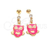 Oro Laminado Stud Earring, Gold Filled Style with White Cubic Zirconia, Pink Enamel Finish, Golden Finish, 02.58.0012