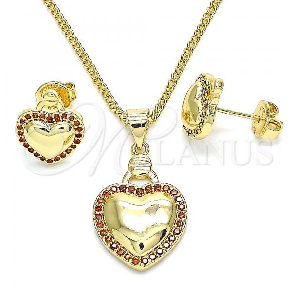 Oro Laminado Earring and Pendant Adult Set, Gold Filled Style Heart Design, with Garnet Micro Pave, Polished, Golden Finish, 10.156.0263.2