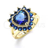 Oro Laminado Multi Stone Ring, Gold Filled Style Heart Design, with Sapphire Blue Cubic Zirconia, Polished, Golden Finish, 01.346.0018.4.07