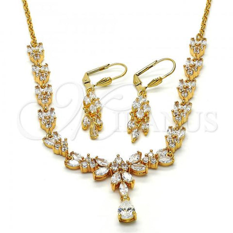 Oro Laminado Necklace and Earring, Gold Filled Style Teardrop and Leaf Design, with White Cubic Zirconia, Polished, Golden Finish, 06.221.0002