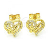 Oro Laminado Stud Earring, Gold Filled Style Heart Design, with White Micro Pave, Polished, Golden Finish, 02.342.0067