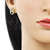 Oro Laminado Stud Earring, Gold Filled Style Puff Mariner Design, with White Micro Pave, Polished, Golden Finish, 02.283.0095
