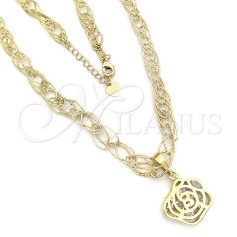 Oro Laminado Necklace and Bracelet, Gold Filled Style Flower Design, with White Crystal, Polished, Golden Finish, 5.006.002