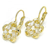 Oro Laminado Leverback Earring, Gold Filled Style Flower Design, with White Cubic Zirconia, Polished, Golden Finish, 02.210.0214