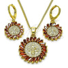 Oro Laminado Earring and Pendant Adult Set, Gold Filled Style San Benito and Baguette Design, with Garnet Cubic Zirconia, Polished, Golden Finish, 10.316.0075.1