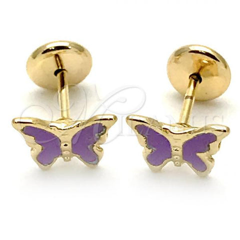 Oro Laminado Stud Earring, Gold Filled Style Butterfly Design, Purple Enamel Finish, Golden Finish, 02.09.0198.1