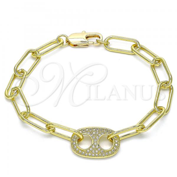 Oro Laminado Fancy Bracelet, Gold Filled Style Paperclip Design, with White Micro Pave, Polished, Golden Finish, 03.341.0081.08