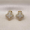 Oro Laminado Stud Earring, Gold Filled Style Four-leaf Clover Design, with White Micro Pave, Polished, Golden Finish, 02.283.0184