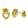 Oro Laminado Stud Earring, Gold Filled Style Heart Design, with White Micro Pave, Polished, Golden Finish, 02.344.0013