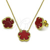 Oro Laminado Earring and Pendant Adult Set, Gold Filled Style Flower and Rolo Design, with Garnet Opal, Polished, Golden Finish, 10.313.0008.2