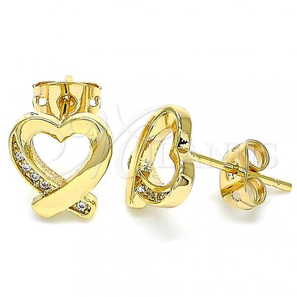 Oro Laminado Stud Earring, Gold Filled Style Heart Design, with White Micro Pave, Polished, Golden Finish, 02.342.0085