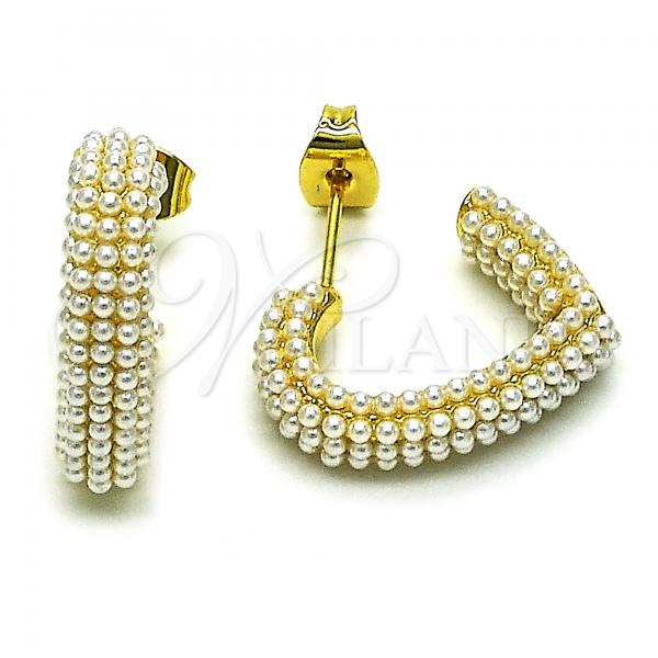 Oro Laminado Stud Earring, Gold Filled Style Heart Design, with Ivory Pearl, Polished, Golden Finish, 02.379.0028