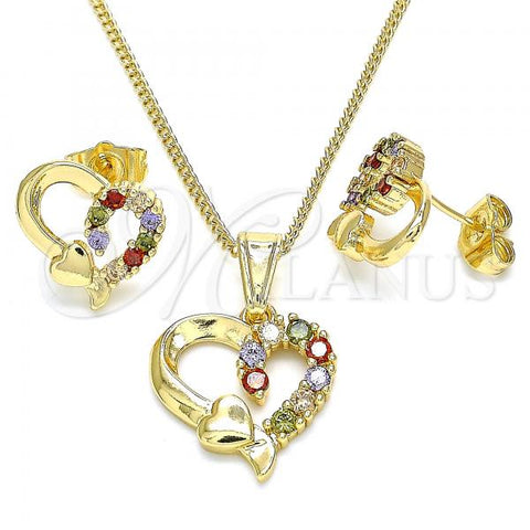 Oro Laminado Earring and Pendant Adult Set, Gold Filled Style Heart Design, with Multicolor Cubic Zirconia, Polished, Golden Finish, 10.210.0156.2