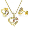 Oro Laminado Earring and Pendant Adult Set, Gold Filled Style Heart Design, with Multicolor Cubic Zirconia, Polished, Golden Finish, 10.210.0156.2