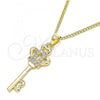 Oro Laminado Pendant Necklace, Gold Filled Style key and Crown Design, with White Micro Pave, Polished, Golden Finish, 04.344.0014.20