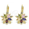 Oro Laminado Leverback Earring, Gold Filled Style Flower Design, with Multicolor Cubic Zirconia, Polished, Golden Finish, 02.210.0228.1