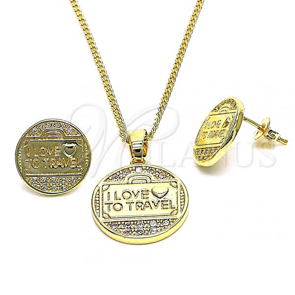 Oro Laminado Earring and Pendant Adult Set, Gold Filled Style Heart and Love Design, with White Micro Pave, Polished, Golden Finish, 10.193.0005