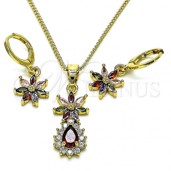 Oro Laminado Earring and Pendant Adult Set, Gold Filled Style Flower and Teardrop Design, with Multicolor and White Cubic Zirconia, Polished, Golden Finish, 10.316.0065.2