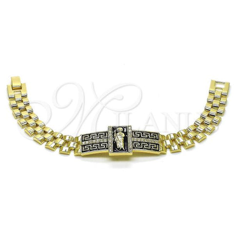Oro Laminado Fancy Bracelet, Gold Filled Style San Judas and Greek Key Design, with White Micro Pave, Black Enamel Finish, Golden Finish, 03.411.0012.08