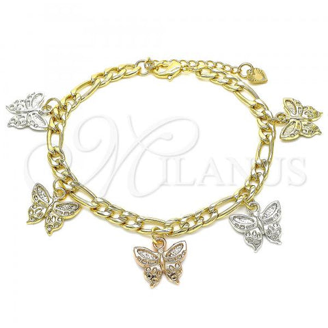 Oro Laminado Charm Bracelet, Gold Filled Style Butterfly Design, Polished, Tricolor, 03.351.0122.08