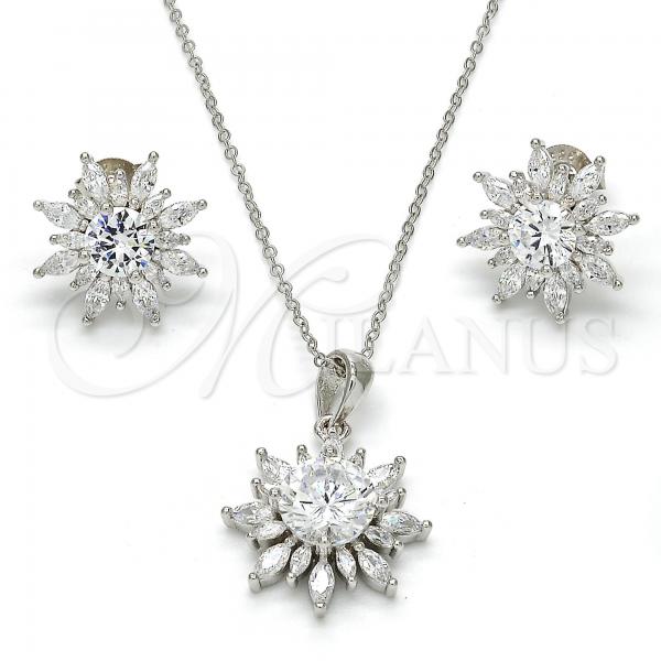 Sterling Silver Earring and Pendant Adult Set, Flower Design, with White Cubic Zirconia, Polished, Rhodium Finish, 10.286.0006