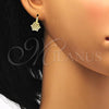 Oro Laminado Leverback Earring, Gold Filled Style Flower Design, with White Micro Pave, Polished, Golden Finish, 02.195.0057