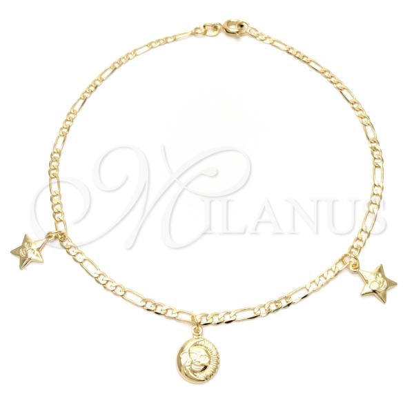 Oro Laminado Charm Anklet , Gold Filled Style Moon and Star Design, Polished, Golden Finish, 03.58.0002.10