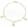 Oro Laminado Charm Anklet , Gold Filled Style Moon and Star Design, Polished, Golden Finish, 03.58.0002.10