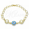 Oro Laminado Fancy Bracelet, Gold Filled Style Evil Eye Design, with White Pearl, Blue Polished, Golden Finish, 03.09.0068.1.07