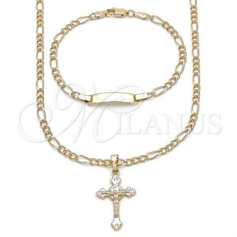 Oro Laminado Necklace and Bracelet, Gold Filled Style Crucifix and Miami Cuban Design, Polished, Golden Finish, 06.63.0279