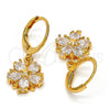 Oro Laminado Dangle Earring, Gold Filled Style Flower and Star Design, with White Cubic Zirconia, Polished, Golden Finish, 02.217.0056