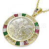 Oro Laminado Religious Pendant, Gold Filled Style Centenario Coin and Angel Design, with Multicolor Cubic Zirconia, Polished, Golden Finish, 05.351.0093