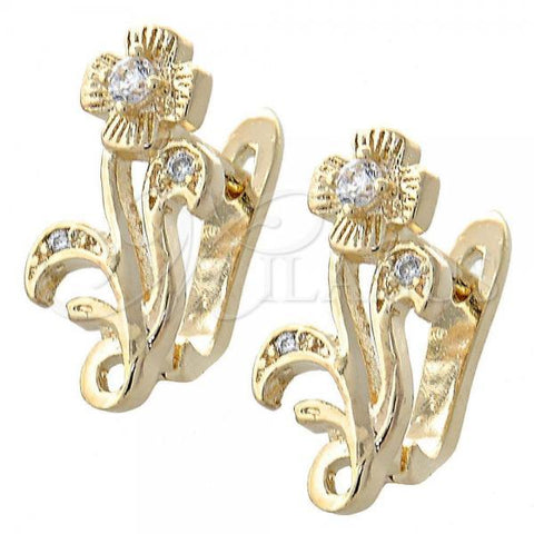 Oro Laminado Huggie Hoop, Gold Filled Style Flower Design, with White Cubic Zirconia, Polished, Golden Finish, 02.155.0055