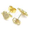 Oro Laminado Stud Earring, Gold Filled Style Heart Design, with White Micro Pave, Polished, Golden Finish, 02.156.0489