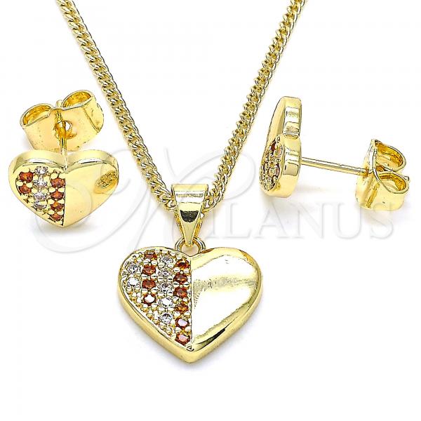 Oro Laminado Earring and Pendant Adult Set, Gold Filled Style Heart Design, with Garnet and White Micro Pave, Polished, Golden Finish, 10.156.0292.1