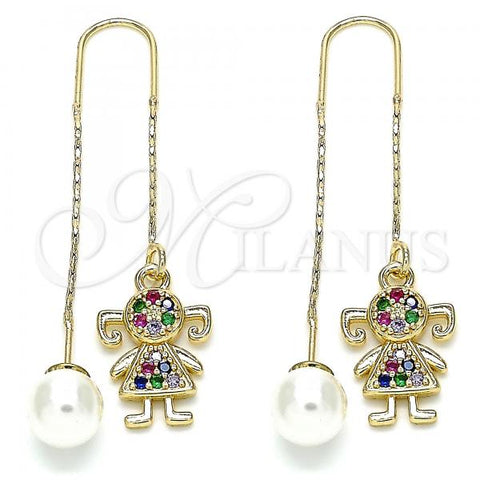 Oro Laminado Threader Earring, Gold Filled Style Little Girl Design, with Multicolor Micro Pave, Polished, Golden Finish, 02.210.0359.1