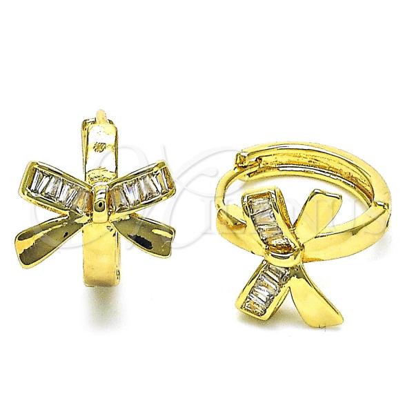 Gold Filled Hoop Earrings — Huggie Hoop Bow and Baguette Design with White — main product view — SKU 155387 | Oro Laminado aretes de aro — Huggie Hoop Bow and Baguette diseño with blanco — SKU 155387