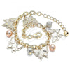 Oro Laminado Charm Bracelet, Gold Filled Style Butterfly and Ball Design, Diamond Cutting Finish, Tricolor, 03.331.0084.08