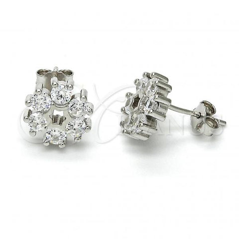 Sterling Silver Stud Earring, Flower Design, with White Cubic Zirconia, Polished, Rhodium Finish, 02.175.0103