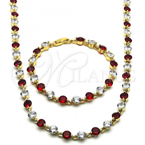 Oro Laminado Necklace and Bracelet, Gold Filled Style with Garnet and White Cubic Zirconia, Polished, Golden Finish, 06.205.0031.2