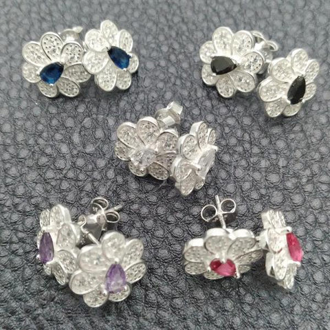 Sterling Silver Stud Earring, Flower Design, with White Cubic Zirconia, Polished, Silver Finish, 02.398.0011