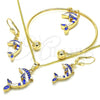 Oro Laminado Necklace, Bracelet, Earring and Ring, Gold Filled Style Dolphin Design, with White Crystal, Blue Enamel Finish, Golden Finish, 10.63.0590.1