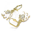 Oro Laminado Dangle Earring, Gold Filled Style Elephant Design, with White Crystal, White Enamel Finish, Golden Finish, 02.351.0058